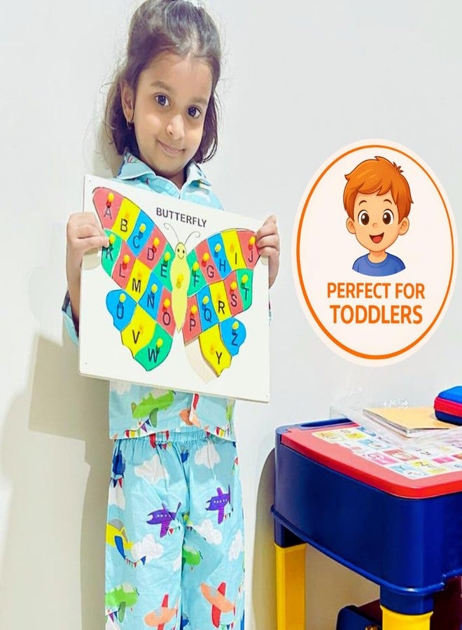 Toyjos Butterfly Shape Wooden Board with Alphabets Knob Puzzle | Preschool Learning Kids 26 (A-Z) Capital Letters Educational Puzzle Board Game Toys | Birthday Gifts for Boys, Girls (Multicolour) - Image 3